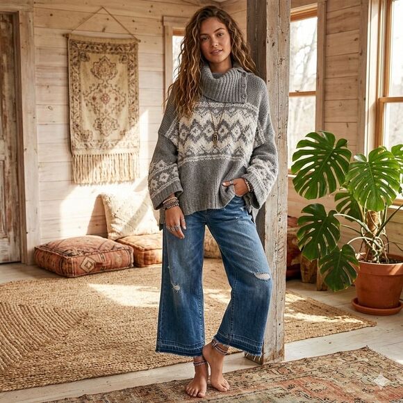 Free People Sweaters - Free People Wool Blend Boho Sweater Medium Gray Fair Isle Cowl Neck Chunky Knit‎